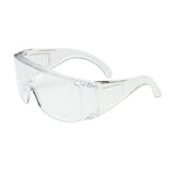 The PIP The Scout OTG Anti-Scratch Safety Glasses 250-99-090, designed by PIP - Protective Industrial Products, are displayed against a plain white background. They feature clear wraparound lenses and adjustable arms with an anti-scratch coating, as well as side shields for enhanced protection.