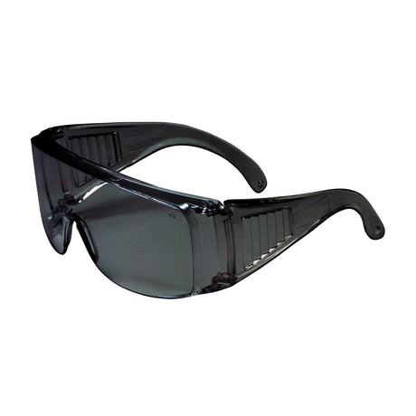 The PIP The Scout OTG Anti-Scratch Safety Glasses 250-99-090 from Protective Industrial Products are designed in an over-the-glass wraparound style with angular black frames. These glasses feature transparent, slightly tinted lenses, side shields for enhanced protection, and an anti-scratch coating for added durability.