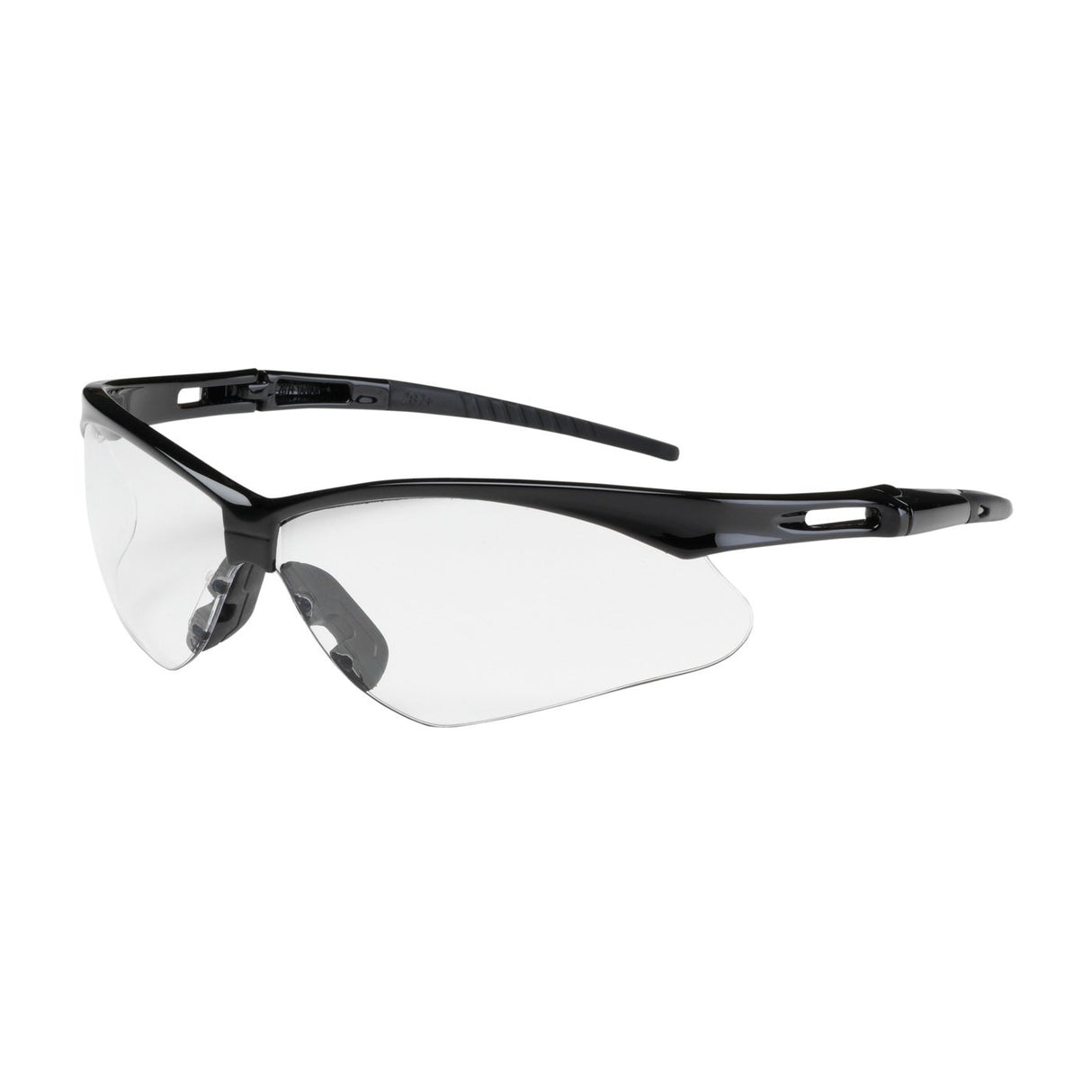 The PIP Anser Safety Glasses, available in a box of 12, boast a sleek black frame with a wraparound design and adjustable temples for a secure fit. Featuring an anti-fog coating and ANSI Z87.1+ certification, these glasses from PIP - Protective Industrial Products are ideal for protective use in diverse environments.