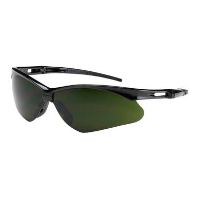 The PIP Anser Welding Safety Glasses 250-AN-1011, produced by Protective Industrial Products, showcase a sleek black design with dark tinted lenses and a wraparound style, enhanced with an anti-scratch coating, set against a plain white background.