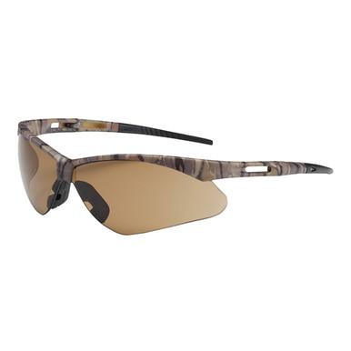 Experience enhanced visual acuity with the PIP Bouton Anser Camouflage Framed Safety Glasses, featuring lightweight sports sunglasses with brown-tinted lenses, wrap-around arms, and a sleek, aerodynamic design. Available in a box of 12 from PIP - Protective Industrial Products.