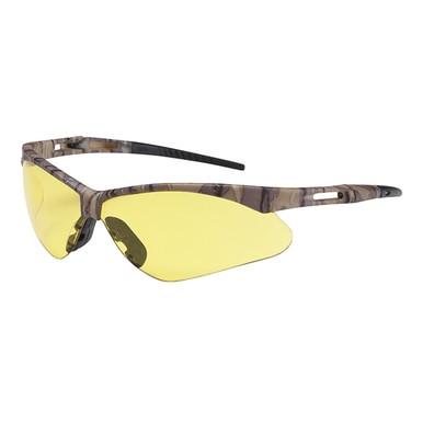 The PIP Bouton Anser Camouflage Framed Safety Glasses, featuring yellow-tinted wraparound lenses, enhance visual acuity and offer a sleek appearance.