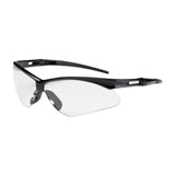 Introducing the PIP Anser Safety Glasses by Protective Industrial Products: These stylish sports eyewear pieces feature a sleek, semi-rimless black frame with clear lenses. The streamlined design includes a slightly curved shape for a snug fit, adjustable earpieces for added comfort, and an anti-scratch coating to enhance durability.