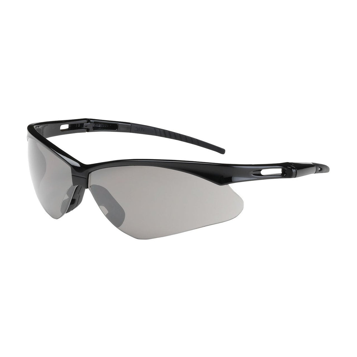 Introducing the PIP Anser Semi-Rimless Safety Glasses FogLess 3Sixty 250-AN-105, a stylish pair of black sports sunglasses designed for optimal protection. These glasses feature wraparound lens coverage with a semi-rimless frame, complete with cut-out ventilation details on the arms. The lenses are equipped with an anti-scratch coating to ensure long-lasting durability.