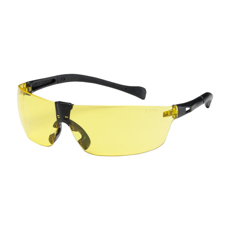 The PIP Monteray II Rimless Safety Glasses, model 250-MT-1007, are showcased on a white backdrop. These glasses feature yellow-tinted lenses with black frames and flexible temples. Designed by Protective Industrial Products (PIP), the sleek and lightweight wraparound design delivers eye protection enhanced by anti-scratch lenses for durability.