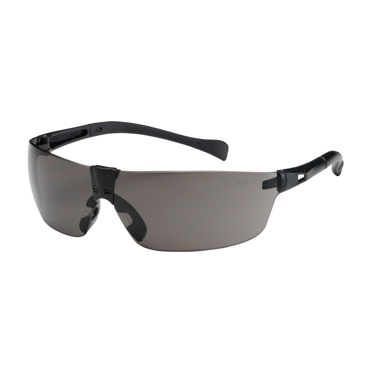 Introducing the PIP Monteray II Rimless Safety Glasses, model 250-MT-1007 (12/box) from Protective Industrial Products. These sleek black glasses boast a lightweight and wraparound design. The dark gray lenses are anti-scratch, while the frame features a thin, curved build with subtle branding on the sides.