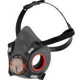 Introducing the PIP JSP Force Typhoon8 Half-Mask Respirator 272-RPRF88_0 by Protective Industrial Products. This black and orange half-mask respirator features a head strap, a circular filter opening, and a triangular front design. Perfect for anyone in need of reliable dust protection, it provides effective defense against airborne particles.