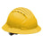 The PIP JSP Evolution Full Brim Deluxe Hard Hat in yellow is crafted from high-density polyethylene and includes ventilation slots on top. It features a 6-point suspension system for a comfortable fit, with an adjustment strap visible underneath.