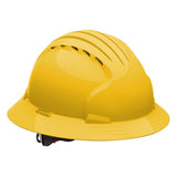 The JSP Evolution Deluxe 6161 Vented Full Brim Hard Hat 280-EV6161V from PIP - Protective Industrial Products is crafted from high-density polyethylene (HDPE) and includes venting slots for breathability. It features a robust 6-point suspension system for enhanced safety, all showcased against a plain white background.