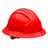 Introducing the PIP JSP Evolution Full Brim Deluxe Hard Hat by PIP, available in a striking red color. It is expertly crafted from high-density polyethylene and boasts a sleek, smooth surface. This hard hat includes an adjustable strap and features a 6-point suspension system along with ventilation slits on top to enhance airflow.