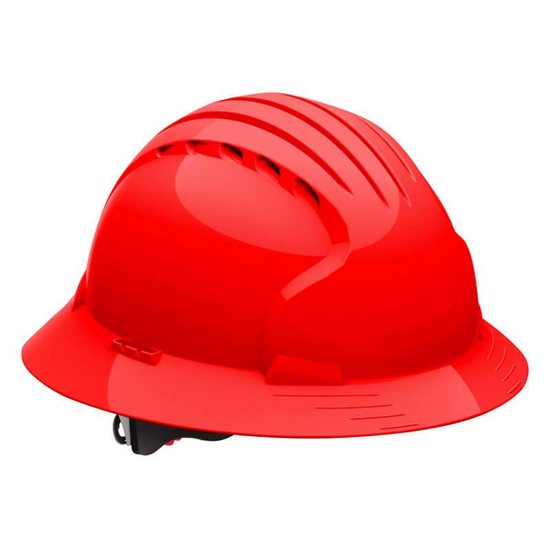 Introducing the JSP Evolution Deluxe 6161 Vented Full Brim Hard Hat 280-EV6161V by PIP - Protective Industrial Products: a red safety helmet made of high-density polyethylene (HDPE) with a sleek design that includes vent-like ridges on top. This hard hat features a full brim with smooth edges and comes equipped with a 6-point suspension system for superior comfort and protection.