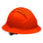 The PIP JSP Evolution Full Brim Deluxe Hard Hat, in orange, boasts a smooth, rounded design with a ridged top. Made from high-density polyethylene, it includes a dark adjustable chin strap buckle and features a 6-point suspension system to enhance safety on construction sites.