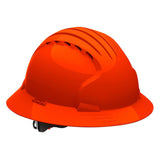 Image of the JSP Evolution Deluxe 6161 Vented Full Brim Hard Hat 280-EV6161V by PIP - Protective Industrial Products. This vibrant orange hard hat is crafted from high-density polyethylene (HDPE) and features grooves on top along with a 6-point suspension system for enhanced safety. Ideal for use in construction or industrial settings, it is shown against a white background to highlight its bright color and features.