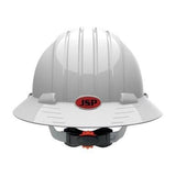 The JSP Evolution Deluxe 6161 Vented Full Brim Hard Hat 280-EV6161V, from PIP - Protective Industrial Products, is a high-density polyethylene (HDPE) helmet featuring a white ridged design. It has a red "JSP" logo on the front and includes an adjustable black chin strap for added comfort.