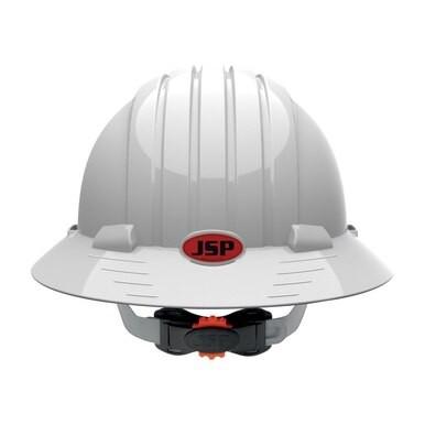 The JSP Evolution Deluxe 6161 Vented Full Brim Hard Hat 280-EV6161V, from PIP - Protective Industrial Products, is a high-density polyethylene (HDPE) helmet featuring a white ridged design. It has a red "JSP" logo on the front and includes an adjustable black chin strap for added comfort.