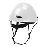 The PIP Dynamic Rocky Industrial Climbing Helmet 280-HP142R by Protective Industrial Products is a white safety helmet that offers impact protection and features adjustable black straps and clips for a secure and comfortable fit. This industrial climbing helmet is ANSI certified, ensuring it meets optimal safety standards.