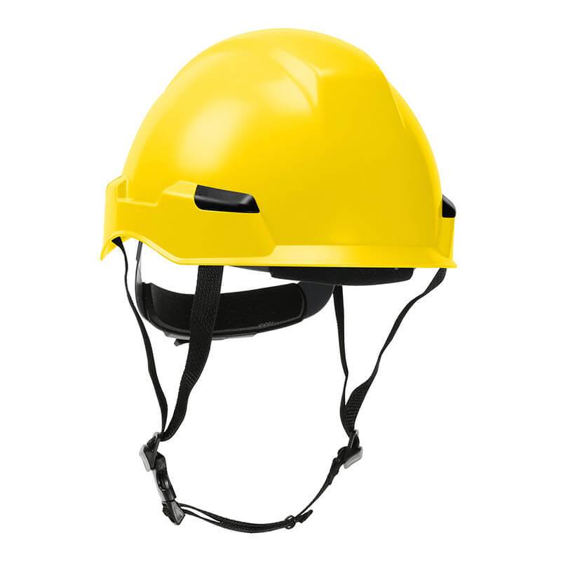 The PIP Dynamic Rocky Industrial Climbing Helmet 280-HP142R, available in yellow with black adjustable straps and a chin buckle, offers head and impact protection and is ANSI certified.