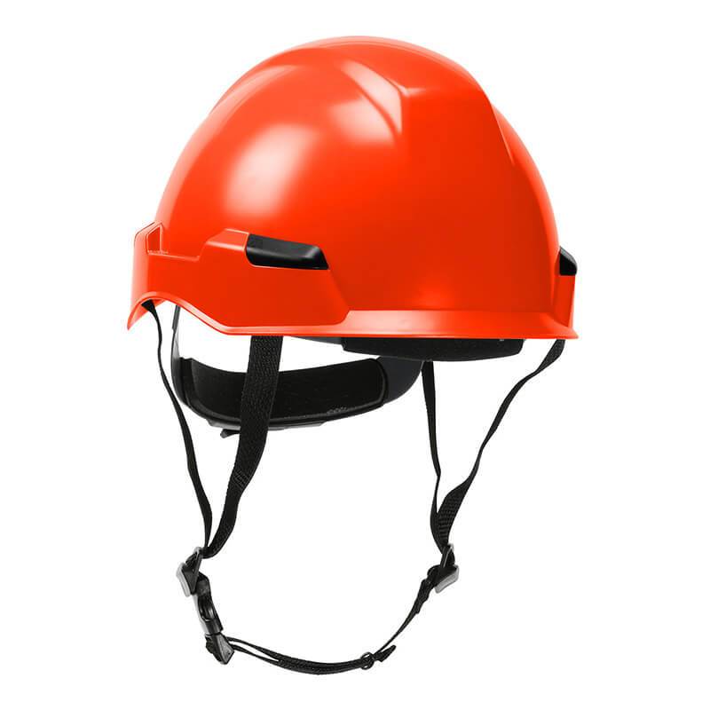 The PIP Dynamic Rocky Industrial Climbing Helmet 280-HP142R features a vibrant red color with adjustable black straps, specifically designed for head protection. This helmet is ANSI certified, offering superior impact protection.