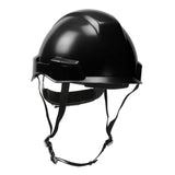 Introducing the PIP Dynamic Rocky Industrial Climbing Helmet 280-HP142R, featuring a sleek black design with adjustable straps and a secure chin buckle. This helmet is engineered for impact protection and is ANSI certified to ensure the highest level of head safety.