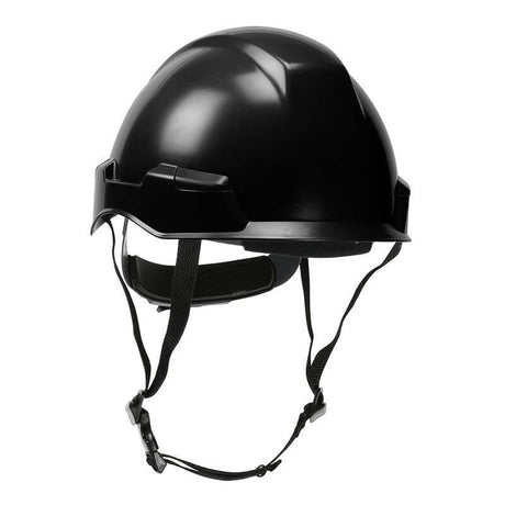 Introducing the PIP Dynamic Rocky Industrial Climbing Helmet 280-HP142R, featuring a sleek black design with adjustable straps and a secure chin buckle. This helmet is engineered for impact protection and is ANSI certified to ensure the highest level of head safety.