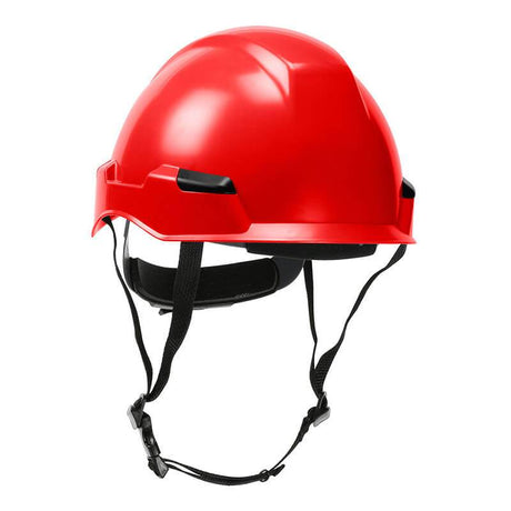 The PIP Dynamic Rocky Industrial Climbing Helmet 280-HP142R, offered by Protective Industrial Products, is a red helmet designed for industrial climbing and features black adjustable chin straps. It provides optimal head protection and is ANSI certified for superior impact resistance.