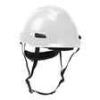 The PIP Dynamic Rocky Industrial Climbing Helmet 280-HP142R is a white helmet equipped with black adjustable straps and side clips, designed to provide head protection and certified for ANSI impact protection.