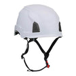 The PIP Traverse Industrial Climbing Non-Vented Helmet 280-HP1490R by Protective Industrial Products is a white helmet offering optimal head protection with its black adjustable straps. ANSI-certified, it boasts a sleek design featuring black ventilation panels and a red clip on the chin strap, ensuring excellent impact protection.