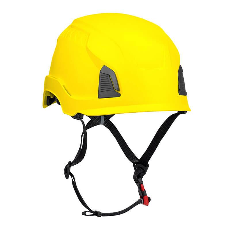 Introducing the PIP Traverse Industrial Climbing Non-Vented Helmet 280-HP1490R by Protective Industrial Products. This helmet features a striking bright yellow shell, complemented by black adjustable straps and a secure red buckle. Specifically designed for construction or outdoor work, it provides superior impact protection and is ANSI certified to ensure the highest level of safety.