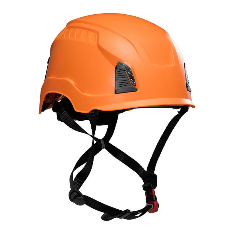 The PIP Traverse Industrial Climbing Non-Vented Helmet 280-HP1490R by PIP - Protective Industrial Products is an orange helmet designed for industrial climbing, featuring adjustable black straps and a red buckle. It includes black ventilation details on its sides and is ANSI-certified to provide impact protection in various work environments.