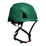 The product is a PIP Traverse Industrial Climbing Non-Vented Helmet 280-HP1490R, featuring black adjustable straps and a buckle, seen from the side in its green version. This ANSI-certified helmet by PIP - Protective Industrial Products provides impact protection with its smooth, rounded design.