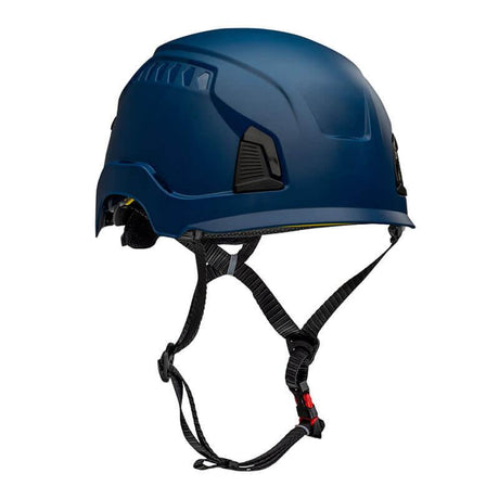 The PIP Traverse Industrial Climbing Non-Vented Helmet 280-HP1490R by Protective Industrial Products is a blue helmet designed for impact protection during construction activities. It comes with a black adjustable chin strap and red buckle, featuring ANSI certification and a sleek design with side ventilation slits for added comfort.