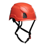 Introducing the PIP Traverse Industrial Climbing Non-Vented Helmet 280-HP1490R by Protective Industrial Products. This red helmet features black adjustable straps and is designed with optimal impact protection for use in construction or outdoor activities. Though non-vented, it offers a sleek, rounded shape and a durable exterior that meets ANSI certification standards.