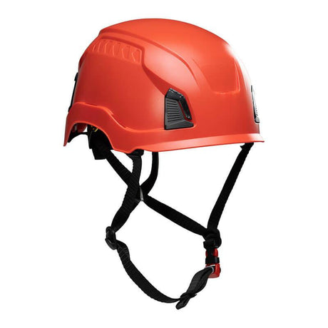 Introducing the PIP Traverse Industrial Climbing Non-Vented Helmet 280-HP1490R by Protective Industrial Products. This red helmet features black adjustable straps and is designed with optimal impact protection for use in construction or outdoor activities. Though non-vented, it offers a sleek, rounded shape and a durable exterior that meets ANSI certification standards.