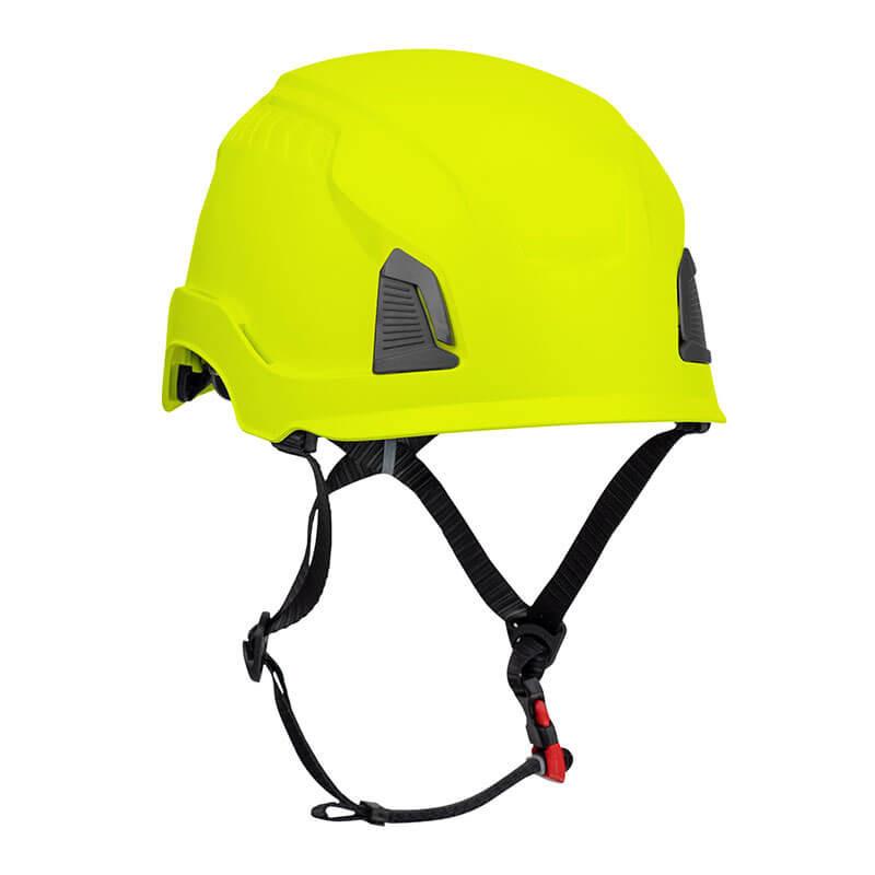 The PIP Traverse Industrial Climbing Non-Vented Helmet 280-HP1490R, from Protective Industrial Products, is an ANSI Certified safety helmet in a bright yellow color. It features impact protection and comes with a black adjustable chin strap. With its sleek and ergonomic design, it's perfect for construction or industrial use and is also suitable for industrial climbing.