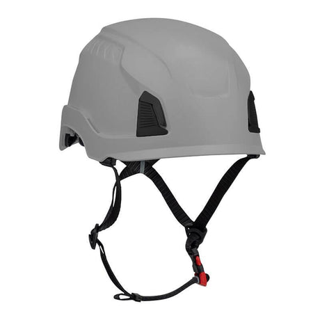 The PIP Traverse Industrial Climbing Non-Vented Helmet 280-HP1490R, from Protective Industrial Products, is a gray helmet with black accents and adjustable straps, providing impact protection for construction or industrial use.