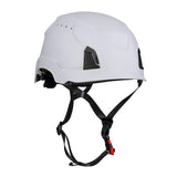 The PIP Traverse Vented Industrial Climbing Helmet 280-HP1490RV by PIP - Protective Industrial Products is a white helmet featuring a black adjustable chin strap and side ventilation openings. It is specifically designed for impact protection in construction or industrial settings. ANSI certified for safety, this helmet provides optimal security on the job.