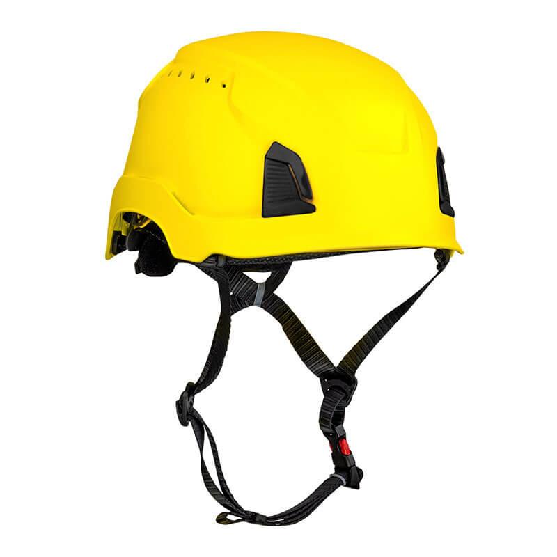 Introducing the PIP Traverse Vented Industrial Climbing Helmet 280-HP1490RV by Protective Industrial Products, a bright yellow helmet featuring black adjustable straps and small ventilation holes. Designed for construction or industrial use, this ANSI Certified helmet boasts a sleek, modern design, a secure chin strap, and superior impact protection.