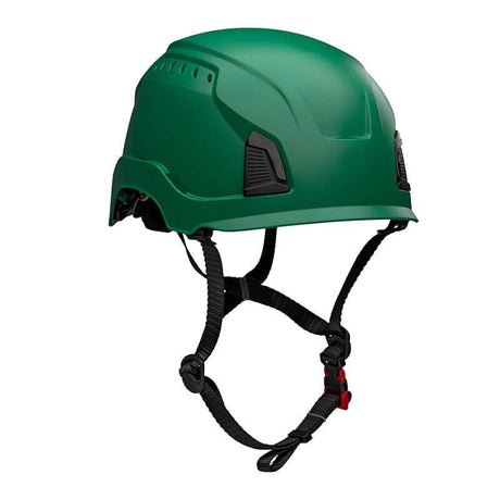 Introducing the PIP Traverse Vented Industrial Climbing Helmet 280-HP1490RV by Protective Industrial Products (PIP) - a green climbing helmet equipped with a secure chin strap, featuring ventilation slits and an ergonomic design. ANSI certified for impact protection, this helmet offers durability and is perfect for ensuring safety in construction or industrial settings.