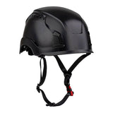 The PIP Traverse Vented Industrial Climbing Helmet 280-HP1490RV by Protective Industrial Products is a sleek black climbing helmet designed with adjustable chin straps and impact protection, displayed in a side view. It includes ventilation slots and a smooth, rounded exterior complemented by a small red buckle on the chin strap. The helmet meets ANSI certification for superior safety standards.