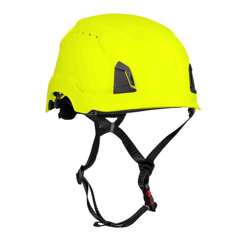 PIP - Protective Industrial Products presents the PIP Traverse Vented Industrial Climbing Helmet 280-HP1490RV, a bright yellow helmet featuring black adjustable straps and a secure black buckle, specifically designed for head protection and ANSI certified to ensure optimal impact safety.