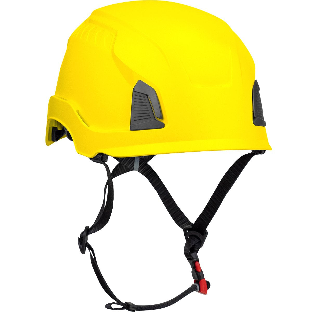 The PIP Traverse Industrial Climbing Non-Vented Helmet w/Mips 280-HP1491RM by Protective Industrial Products (PIP) is an excellent choice for construction or industrial settings. This bright yellow helmet offers impact protection and features a chin strap with adjustable black bands. It includes MIPS technology and stylish black accents on the sides for enhanced safety and style.