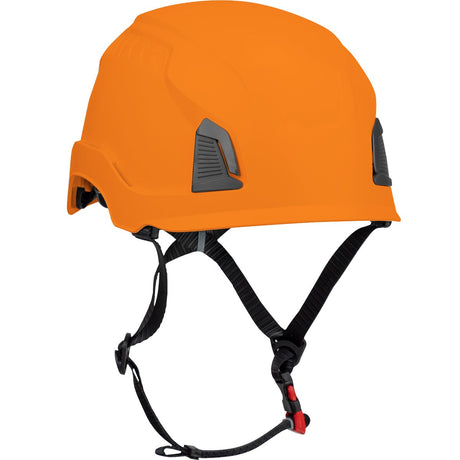 The PIP Traverse Industrial Climbing Non-Vented Helmet w/Mips 280-HP1491RM, from PIP - Protective Industrial Products, is an orange helmet featuring a black adjustable chin strap and gray side detailing. Designed to provide impact protection, this headgear ensures safety for adventurers and workers, set against a plain white background.