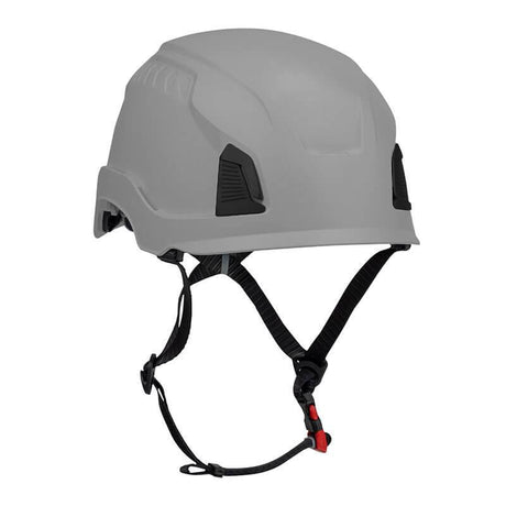 Introducing the PIP Traverse Industrial Climbing Non-Vented Helmet w/Mips 280-HP1491RM from Protective Industrial Products. This gray helmet includes sleek black strap buckles and a distinctive red clip. It is designed with angular vents and an adjustable chin strap, featuring Mips technology to provide superior impact protection.