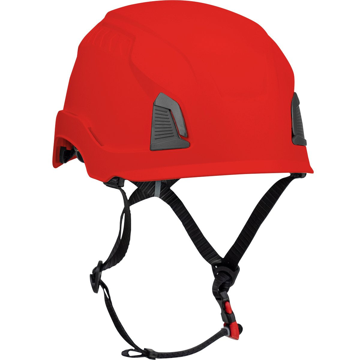 The PIP Traverse Industrial Climbing Non-Vented Helmet w/Mips 280-HP1491RM by PIP - Protective Industrial Products is a vibrant red helmet designed for industrial climbing, featuring adjustable black chin straps and gray side accents. It is enhanced with MIPS technology to provide superior impact protection for construction or climbing activities.