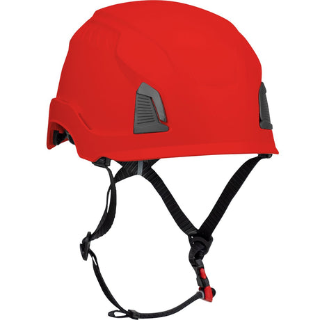 The PIP Traverse Industrial Climbing Non-Vented Helmet w/Mips 280-HP1491RM by PIP - Protective Industrial Products is a vibrant red helmet designed for industrial climbing, featuring adjustable black chin straps and gray side accents. It is enhanced with MIPS technology to provide superior impact protection for construction or climbing activities.