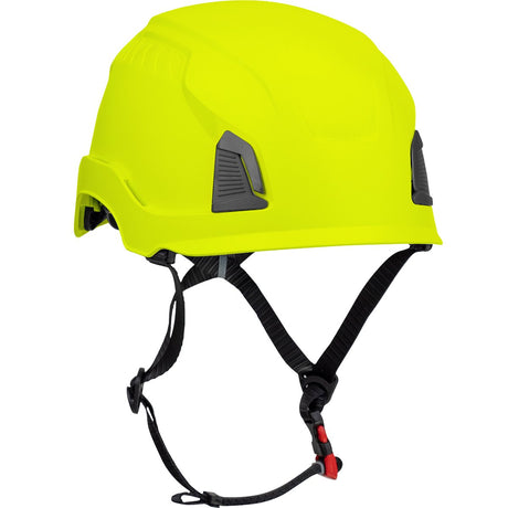 The PIP Traverse Industrial Climbing Non-Vented Helmet w/Mips 280-HP1491RM by Protective Industrial Products (PIP) is a bright yellow helmet featuring Mips technology, along with black adjustable chin straps and buckles, designed for optimal head protection.