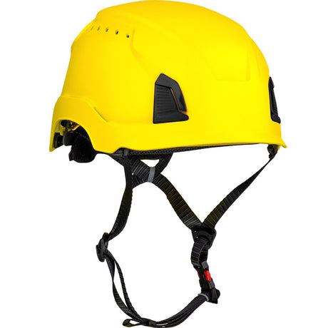 The PIP Traverse Vented Industrial Climbing Helmet w/Mips 280-HP1491RVM, by Protective Industrial Products (PIP), offers impact protection with a yellow safety design, black adjustable straps, and a red clip. Enhanced with Mips technology, it includes ventilation holes on the top and black side panels to keep your head secure during construction or climbing activities.