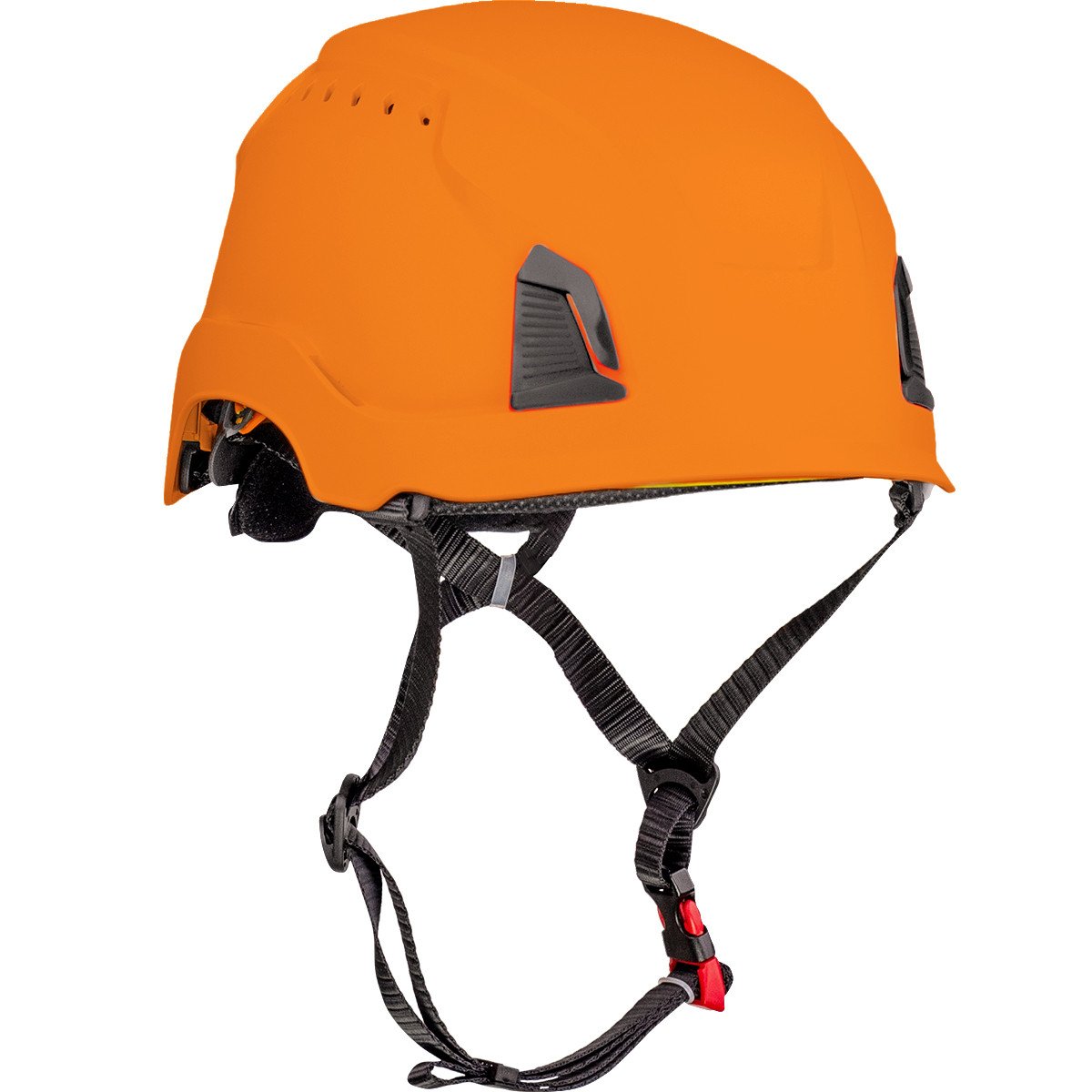 The PIP Traverse Vented Industrial Climbing Helmet w/Mips 280-HP1491RVM by Protective Industrial Products is an orange helmet designed with black adjustable straps and a red clip to provide superior impact protection. It prioritizes head safety, featuring black vents for optimal airflow. Its smooth surface indicates durability and comfort, making it ideal for construction or climbing activities.