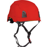 PIP Traverse Vented Industrial Climbing Helmet w/Mips 280-HP1491RVM by PIP features a red color, black adjustable straps, side ventilation, and enhanced impact protection.