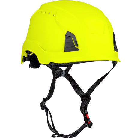 Introducing the PIP Traverse Vented Industrial Climbing Helmet w/Mips 280-HP1491RVM by Protective Industrial Products, this helmet showcases a vibrant yellow finish with black adjustable straps and a secure red clasp. Designed for optimum safety, it features ventilation holes on top, side attachments, and enhanced impact protection to ensure head safety in construction or industrial environments.